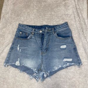 Distressed denim jean shorts